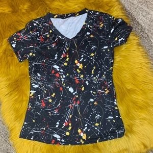 Top/t-shirt-Ladies pain splatter t-shirt, v-neck, stretch,fits Medium